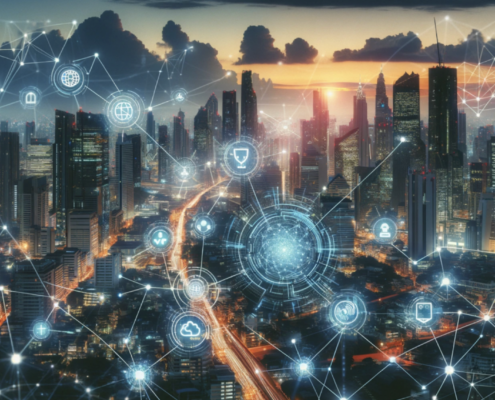 Futuristic cityscape at dusk, highlighted by digital networks and light connections, symbolizing the interconnected nature of modern managed services in a digital world.